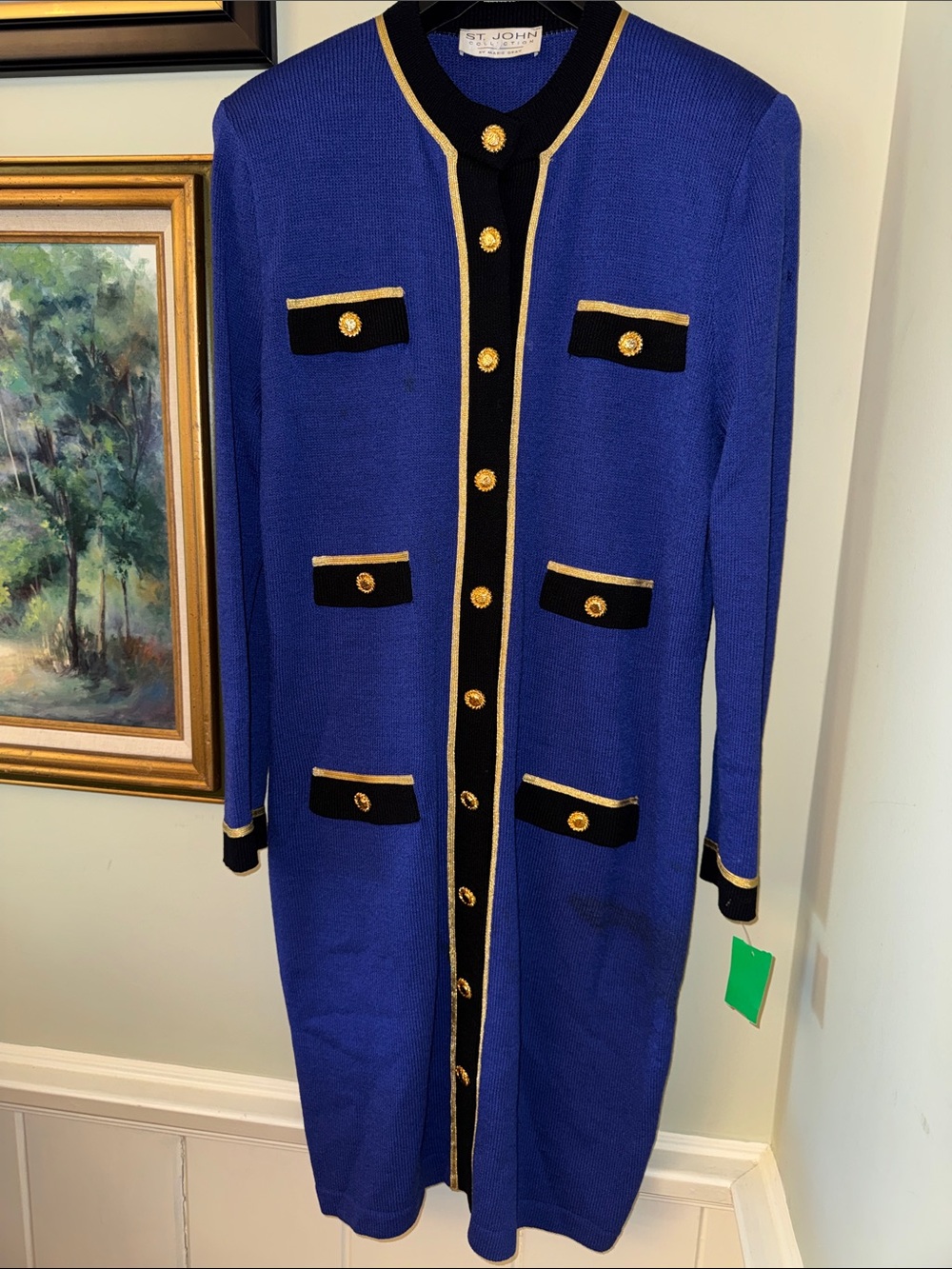 St. John Royal Blue Long Knit Jacket Dress Black & Gold Trim Sun Buttons L XL